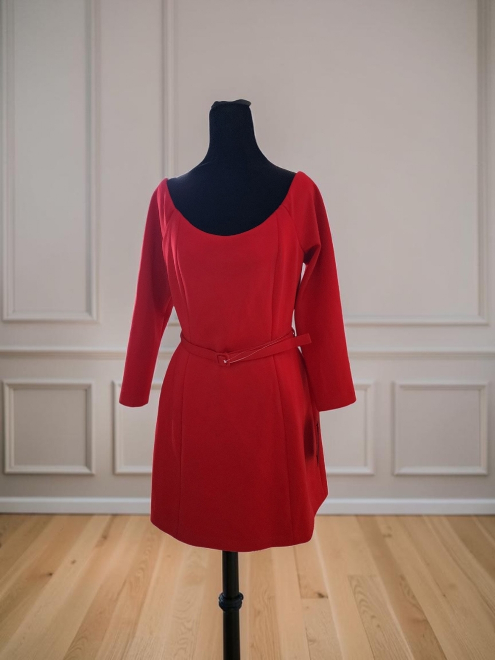 Classic Red Belted A-Line Women’s Dress